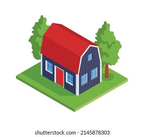 Low Rise Wooden Cottage In Green Garden Isometric Icon 3d Vector Illustration