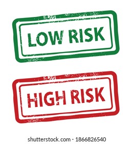 low risk, high risk, green and red rubber stamp, vector illustration
