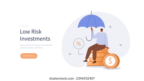 Low risk investments. Character opening savings bank account and receiving interest on deposit. Business and finance concept. Vector illustration.