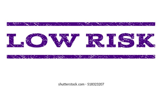 Low Risk watermark stamp. Text caption between horizontal parallel lines with grunge design style. Rubber seal stamp with dust texture. Vector indigo blue color ink imprint on a white background.