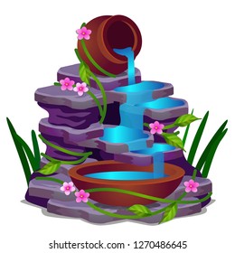 A low rocky waterfall and plants isolated on a white background. Vector cartoon close-up illustration.