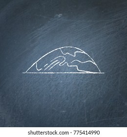 Low rounded hill icon on chalkboard. Outline mountain symbol - chalk drawing on blackboard.