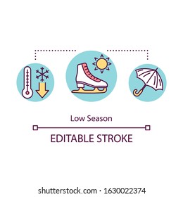 Low season concept icon. Budget tourism, affordable off season tours idea thin line illustration. Inexpensive vacation opportunity. Vector isolated outline RGB color drawing. Editable stroke