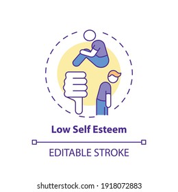 Low self esteem concept icon. Procrastination effect idea thin line illustration. Feeling badly about oneself. Confidence lacking. Vector isolated outline RGB color drawing. Editable stroke