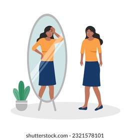 Low self esteem concept vector illustration. Woman standing in front of mirror with low self confidence in flat design on white background.