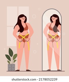 Low self esteem. Fat woman looks sadly at her reflection in mirror. Upset character, disappointment. Psychological problems and mental health, bullying concept. Cartoon flat vector illustration