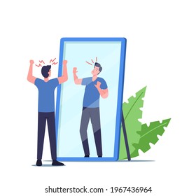 Low Self Esteem, Loathing and Anger Concept. Male Character need Psychological Help, Mind Health Problem, Angry Unhappy Man Waving Fists on Frightened Reflection in Mirror. Cartoon Vector Illustration