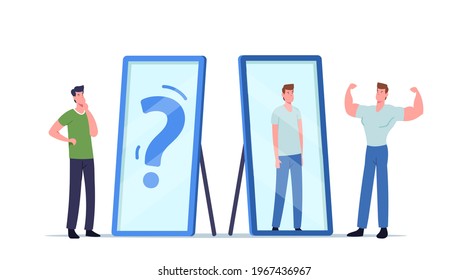 Low Self Esteem, Loathing and Anger Concept. Angry Athlete Man Show Muscles to Mirror See Weak Skinny Reflection of his Body. Male Character need Psychological Help. Cartoon Vector Illustration