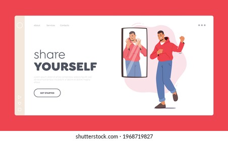 Low Self Esteem, Loathing and Anger Landing Page Template. Male Character need Help, Mind Health Problem, Angry Unhappy Man Waving Fists on Frightened Reflection in Mirror. Cartoon Vector Illustration