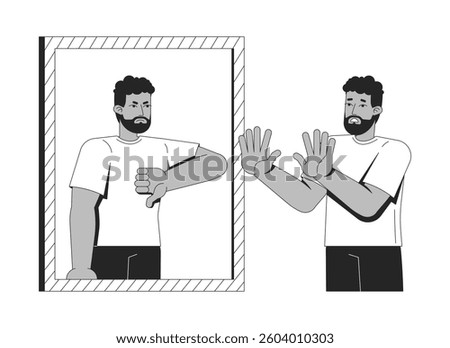 Low self esteem mirror line illustration concept. Insecurity, inner critic. Mental health. Black man facing harsh negative self-image outline 2D character isolated. Ink linear drawing vector art