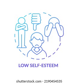 Low self-esteem blue gradient concept icon. Body image perception in teens abstract idea thin line illustration. Self-confidence development. Isolated outline drawing. Myriad Pro-Bold font used