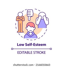 Low self-esteem concept icon. Body image perception in teens abstract idea thin line illustration. Confidence-building. Isolated outline drawing. Editable stroke. Arial, Myriad Pro-Bold fonts used