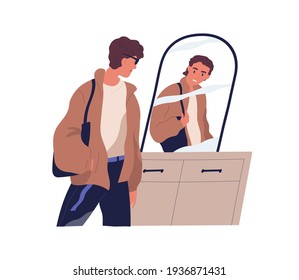 Low self-esteem concept. Unhappy man with unhealthy distorted perception looking at fake mirror reflection. Colored flat vector illustration of unconfident person isolated on white background