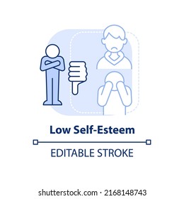 Low self-esteem light blue concept icon. Body image perception in teens abstract idea thin line illustration. Isolated outline drawing. Editable stroke. Arial, Myriad Pro-Bold fonts used