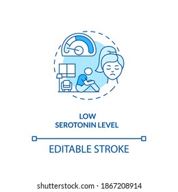 Icono de concepto de nivel de serotonina bajo. SAD causa ilustración de línea delgada de idea. Estrés crónico. Síntomas físicos y psicológicos. Dibujo de color RGB con contorno aislado del vector. Trazo editable