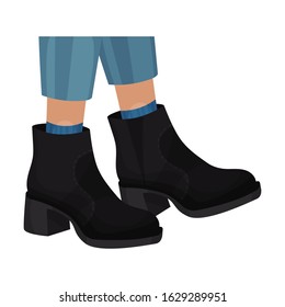 Low Shoes or Boots with Thick Sole and Heels for Autumn or Spring Season Vector Illustration