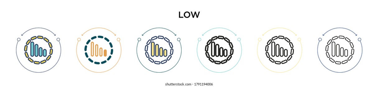 Low signal icon in filled, thin line, outline and stroke style. Vector illustration of two colored and black low signal vector icons designs can be used for mobile, ui, web