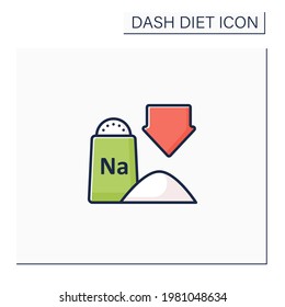 Low sodium color icon. Exclude processed and packaged foods. Chips, frozen dinners and fast food. Without salt food. Dash diet concept. Isolated vector illustration