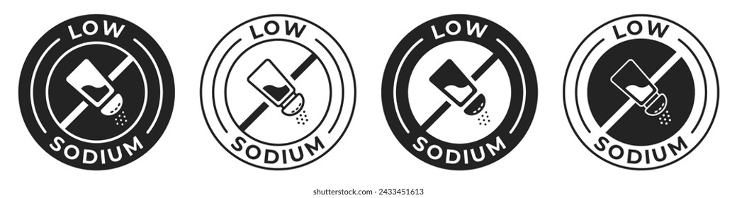 Low sodium label. Salt free icon. Sodium free illustration for product packaging logo, sign, symbol or emblem. Zero salt badge isolated.