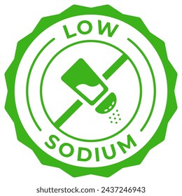 Low sodium label vector icon illustration for product package. Sodium free green logo, symbol, badge, tag or emblem isolated. No added salt stamp, seal, sticker, mark or tag.