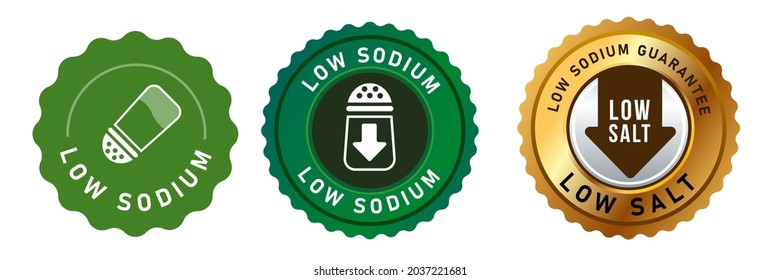 Low Sodium Reduced Salt Label Stamp Design Vector Isolated For Packaging In Green And Gold Round Seal Stamp