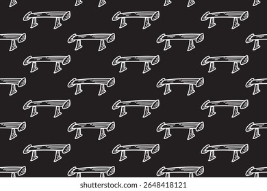 baixo spoiler carro linha arte padrão sem emenda no fundo preto. asa de corrida gravura doodle padrão fundo. carro aerodinâmico parte incubação papel de parede para garagem, oficina, detalhando mercadorias