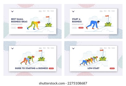 Conjunto de plantillas de la página de inicio bajo. Concepto De Competencia Empresarial Con Hombres Y Mujeres Empresariales Preparados Para Correr