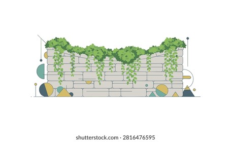 Low stone boundary wall topped with trailing green ivy vines and surrounded by colorful geometric ornaments.
