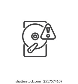 Ícone de linha Alerta de Armazenamento Baixo. Sinal de estilo linear para conceito móvel e design da Web. Disco rígido com um ícone de vetor de contorno de ponto de exclamação. Símbolo de aviso de armazenamento de dados baixo em HDD, ilustração do logotipo. 