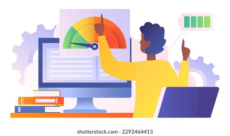 Low stress level. Character in office near emotion meter. awareness, psychology and mental health. Organization of effective workflow and dealing with pressure. Cartoon flat vector illustration