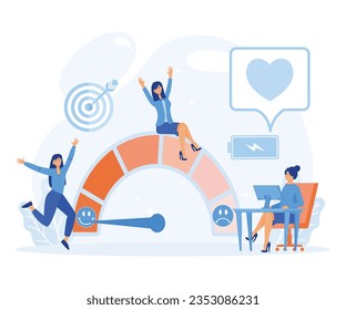 Low Stress level, good mood indicator. Energetic business woman working at table with computer, Mentally healthy employee. flat vector modern illustration