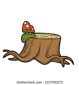 Low stump with poison mushrooms fly agaric color variation for coloring page isolated on white background