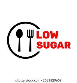 Low sugar badge symbol vector template with spoon and fork icon printable for your bussiness with red arrow element. Sticker label for food