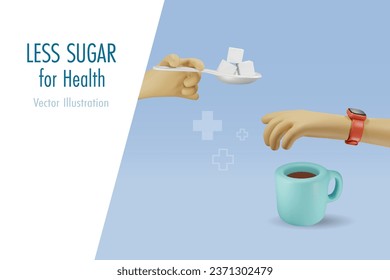 Low sugar, eat less sweet for health. Hand with stop gesture refuse to add sugar cube in coffee cup. Healthy dieting and nourishment concept. Vector.