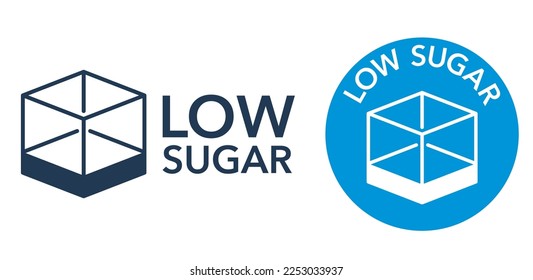 Low Sugar flat icon for nutrition products with lower sweetener variety. Flat label with charge level of sugar cube