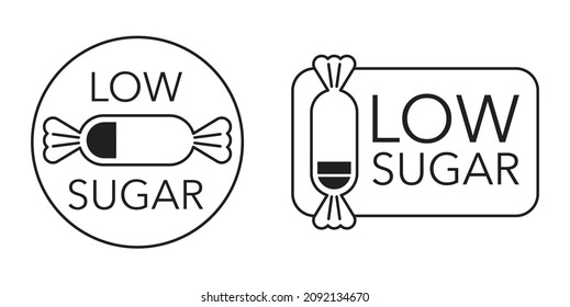 Low Sugar icon for nutrition products with lower sweetener variety. Flat label with charge level of candy