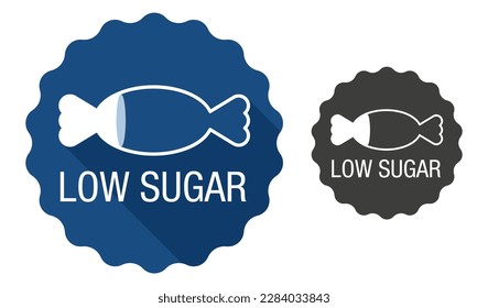 Low Sugar icon for nutrition products with lower sweetener variety. Flat label with low charge level of candy