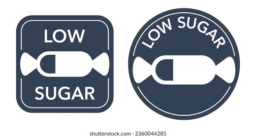 Low Sugar icon for nutrition products with lower sweetener variety. Badge with low charge level of candy