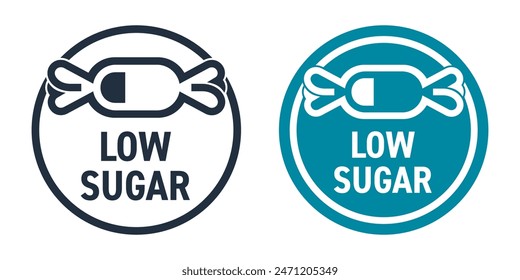 Low Sugar icon for nutrition products with lower sweetener variety. label in bold line with charge level of candy