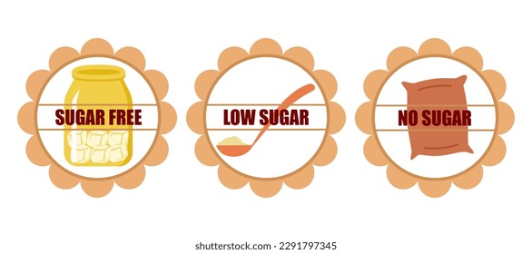 Low sugar and no sugar sticker set in flat design on white background.