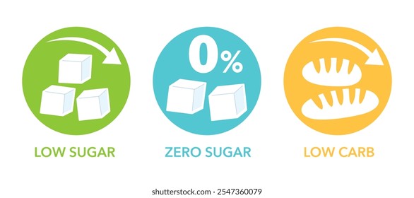 Low sugar, Zero sugar and Low carb - Diet healthy food circular labeling vector badges set