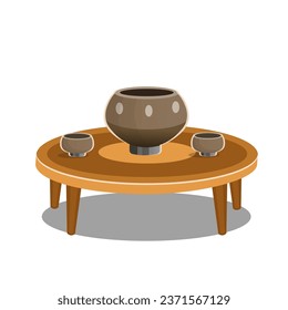 Low table with cups and cauldron. Vector cartoon illustration
