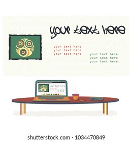 A low table with a laptop, a mug and a book. Working atmosphere. vector. Can be used in website design, etc.