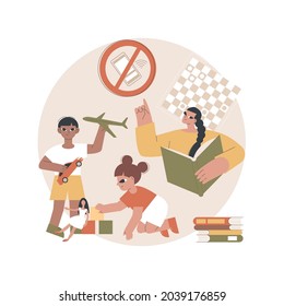 Low tech parenting abstract concept vector illustration. Low tech school, tech-free kids, media limitation, unplugger, gadget-free parenting, anti technology, no screen time abstract metaphor.