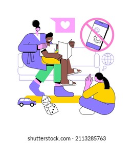 Low tech parenting abstract concept vector illustration. Low tech school, tech-free kids, media limitation, unplugger, gadget-free parenting, anti technology, no screen time abstract metaphor.