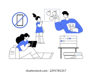 Low tech parenting abstract concept vector illustration. Low tech school, tech-free kids, media limitation, unplugger, gadget-free parenting, anti technology, no screen time abstract metaphor.