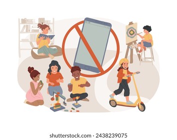 Low tech parenting isolated concept vector illustration. Low tech school, tech-free kids, media limitation, unplugger, gadget-free parenting, anti technology, no screen time vector concept.