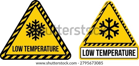 Low temperature hazard warning signs. Industrial safety related warning labels: freezing conditions, cold storage, temperature control, environmental hazard, workplace protection and caution signage. Editable vector template. Vector illustration.
