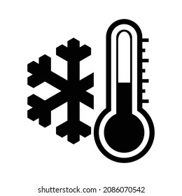 Low temperature icon. Vector illustration of snowflake and thermometer. Very cold and freezing. Caution symbol isolated on background. Winter concept. Warning symbol.