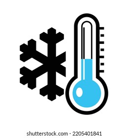 Icono de baja temperatura. Ilustración vectorial de copo de nieve y termómetro azul. Símbolo de precaución aislado en el fondo. Concepto de invierno. Símbolo de advertencia. Muy frío y helado.